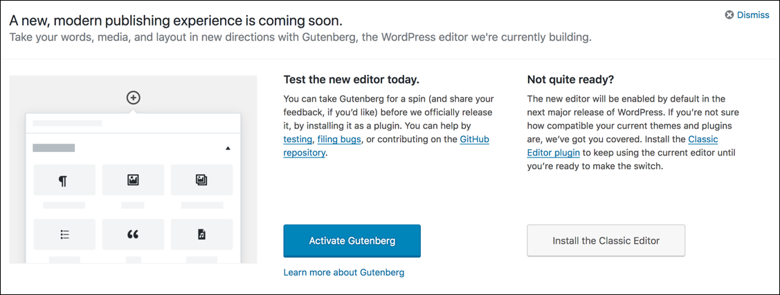 This is a screenshot of the message inviting blog authors to try the new 'Gutenberg' editor.