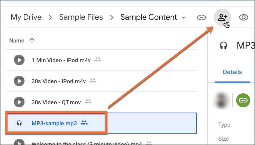 Upload the audio file to Google Drive, then select it and click the sharing icon.