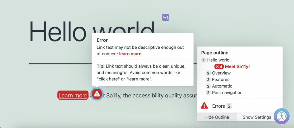 Logged-in view with Sa11y enabled. Sa11y detected two issues: a non-descript "learn more" link and a skipped heading.
